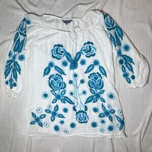 A&A Size XL Embroidered Tunic Shirt Boho Floral Teal Peasant Cotton